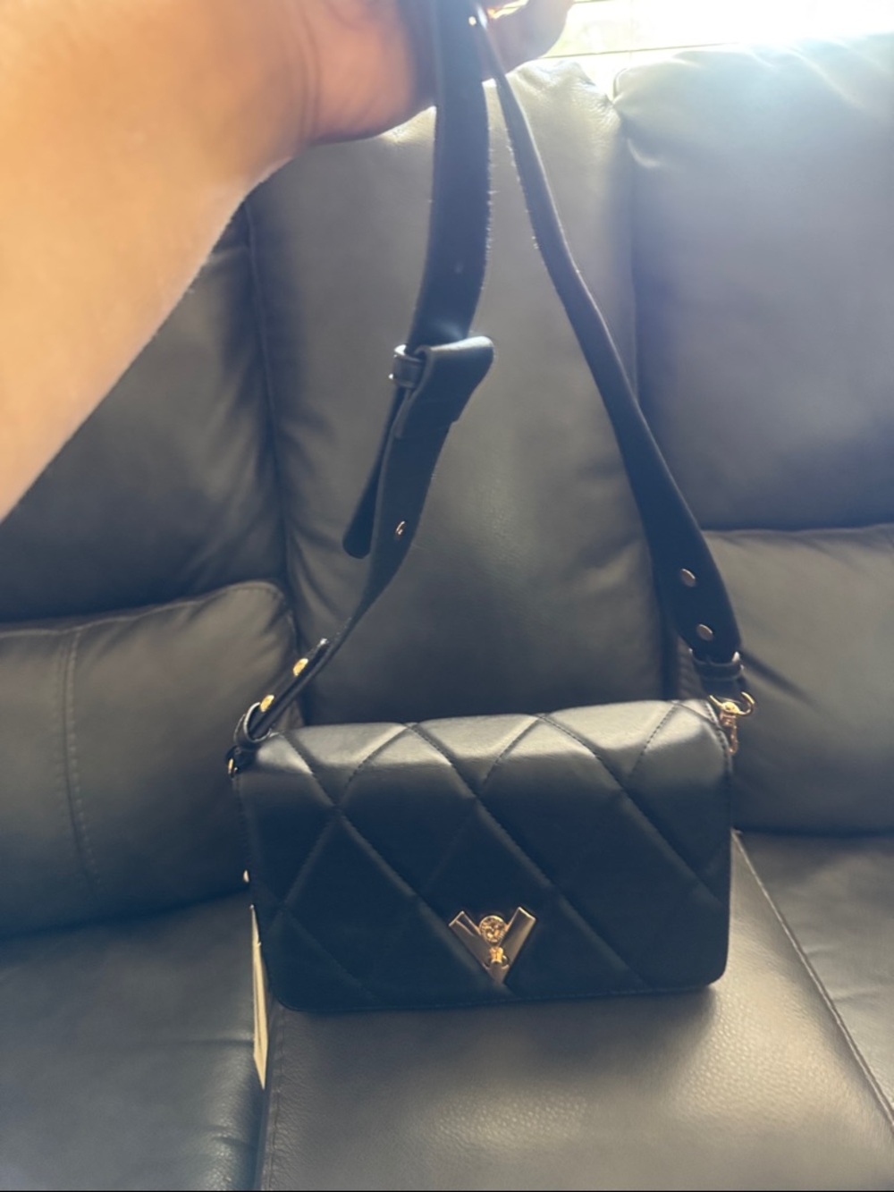 Valentino Orlandi Black Quilted Crossbody with Gold V Emblem blue satchel free